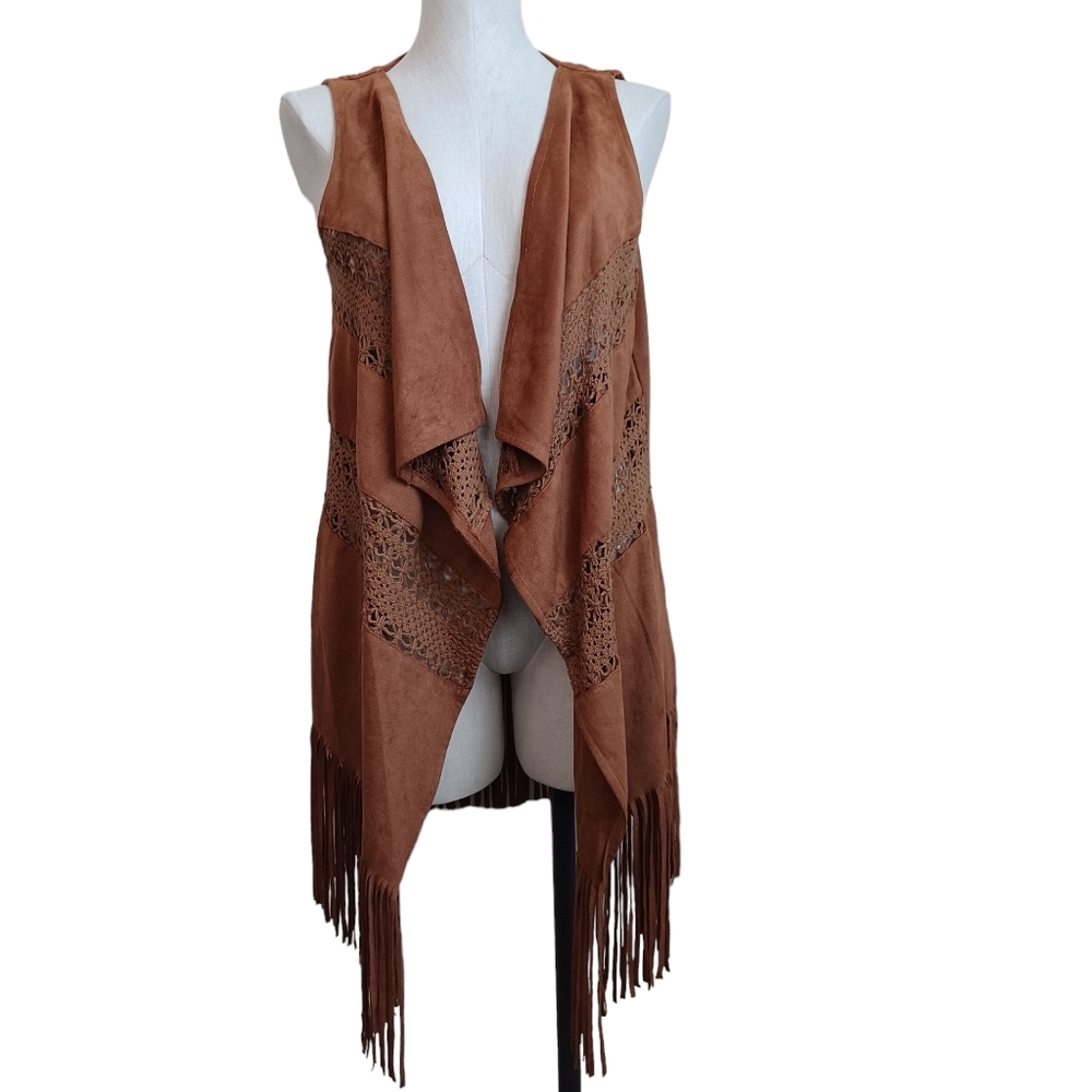 Umgee Womens Small Brown Faux Suede Fringe Vest Crochet‎ Lace Boho Western Open